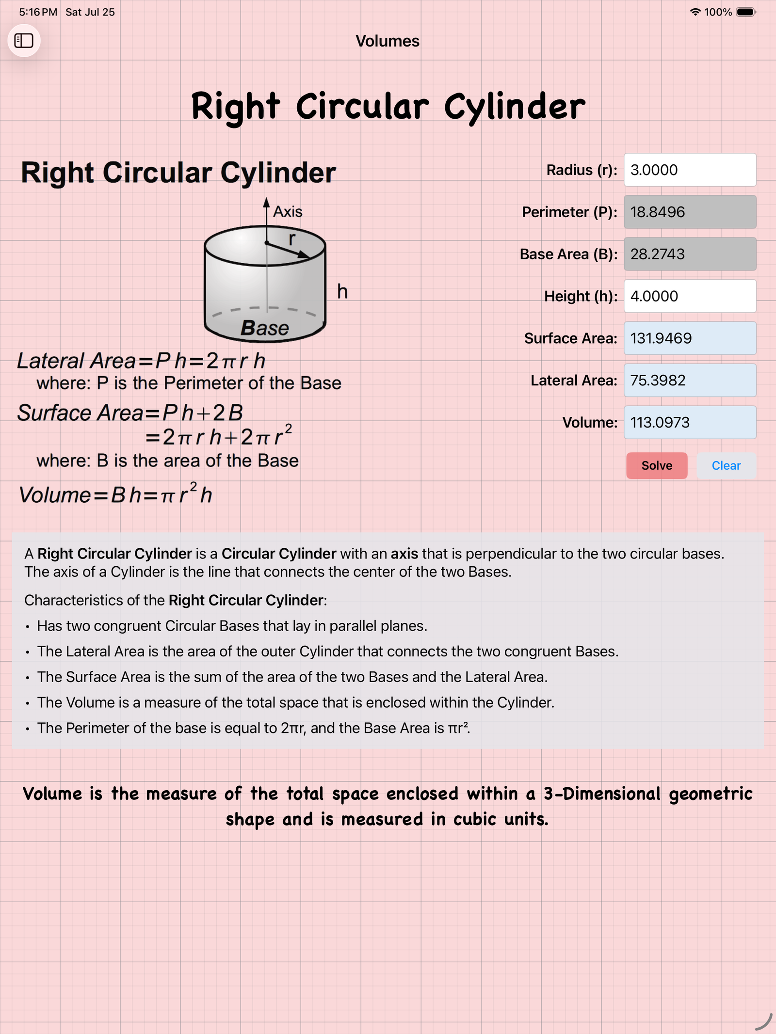 Easy Geometry — Right Circular Cylinder calculator